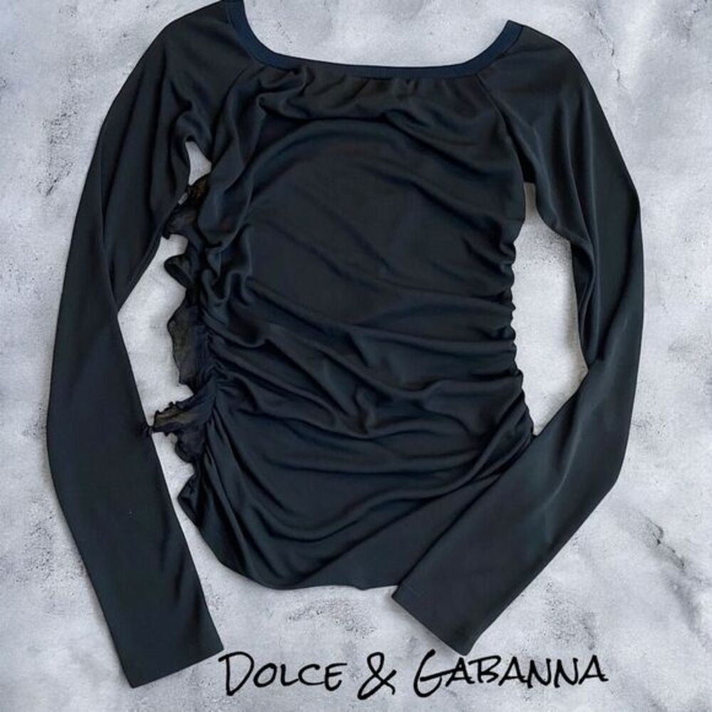 Y2K Dolce & Gabbana Long Sleeve Ruffle Side Top Black Semi Sheer Going Out Shirt